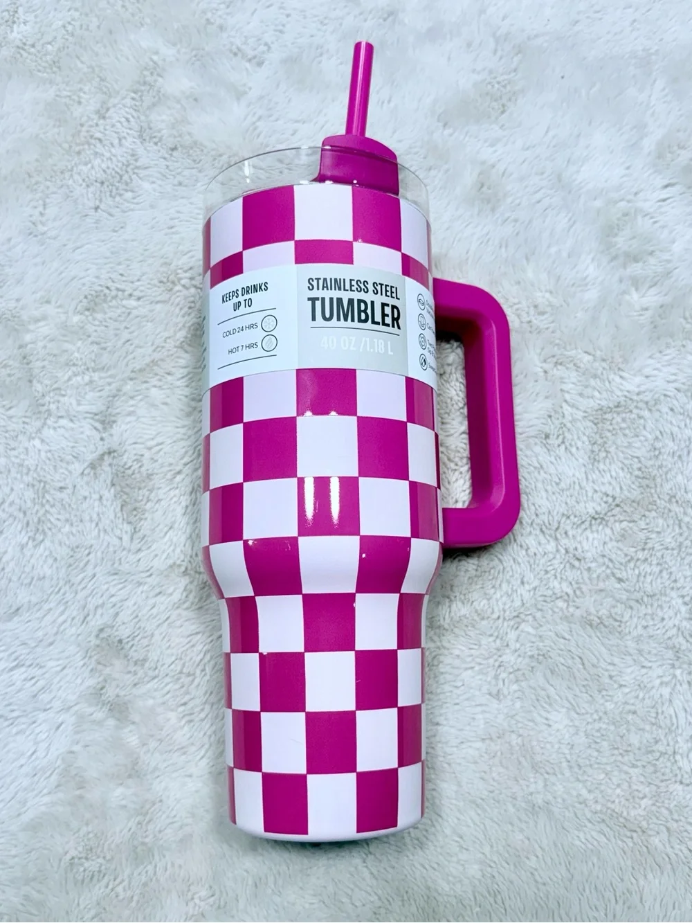 Stainless Steel Tumbler with Handle and Straw - Pink Checkered